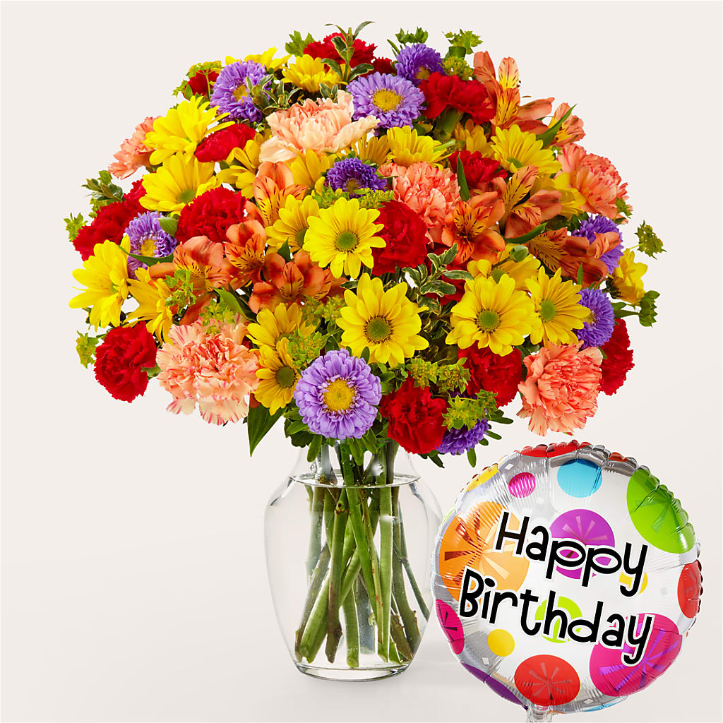 Kaleidoscope Bouquet with Birthday Balloon – CHESAPEAKE FLORAL & GIFTS, Chesapeake VA