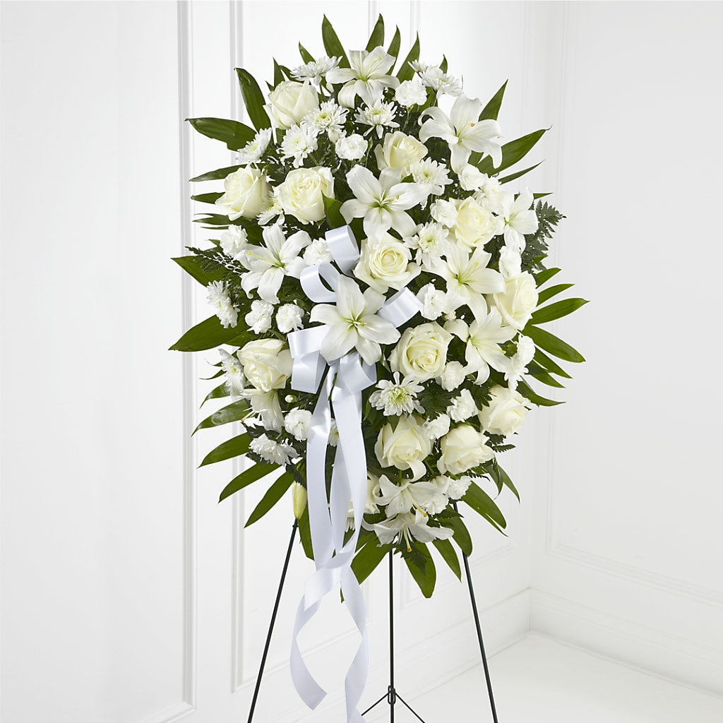 Exquisite Tribute Standing Spray-White Ribbon – CHESAPEAKE FLORAL & GIFTS, Chesapeake VA
