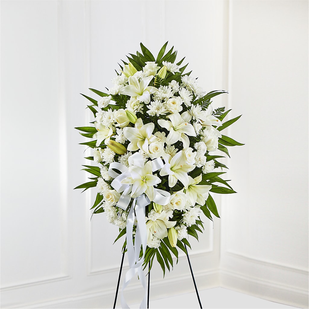 Exquisite Tribute Standing Spray-White Ribbon – CHESAPEAKE FLORAL & GIFTS, Chesapeake VA
